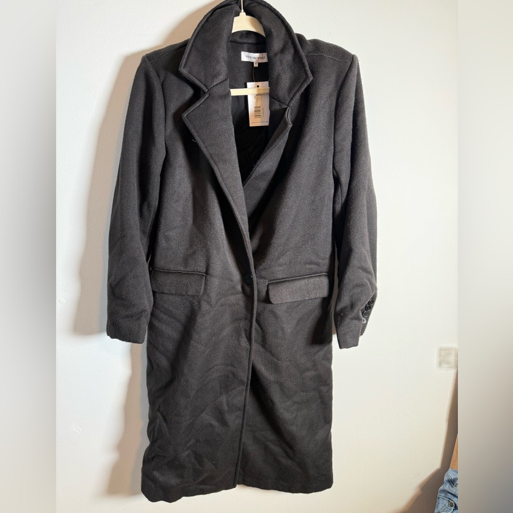 WEWOREWHAT Black‎ Long Blazer Coat Faux Wool Twill Minimal Chic XS NWT
